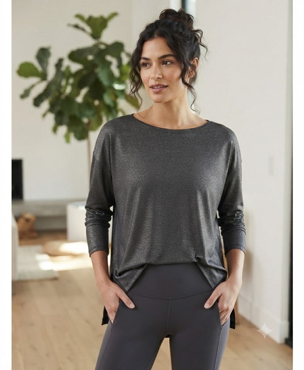 Lululemon Metallic Shimmer Long Sleeve Top Boatneck Charcoal Gray Size 8 EUC